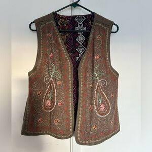Together Crafts Embroidered Paisley Vest Brown Wool Blend Women's L